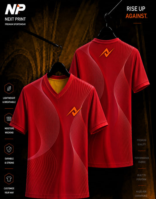 Front and back mockup of the NextPrint Crimson Wave Performance Esports Jersey featuring elegant wave graphics and premium sublimation design.