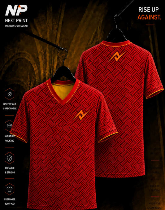 Front and back view of the NextPrint Crimson Weave custom sublimation jersey featuring a red woven geometric pattern with premium V-neck sportswear design.