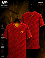 Front and back view of the NextPrint Crimson Weave custom sublimation jersey featuring a red woven geometric pattern with premium V-neck sportswear design.
