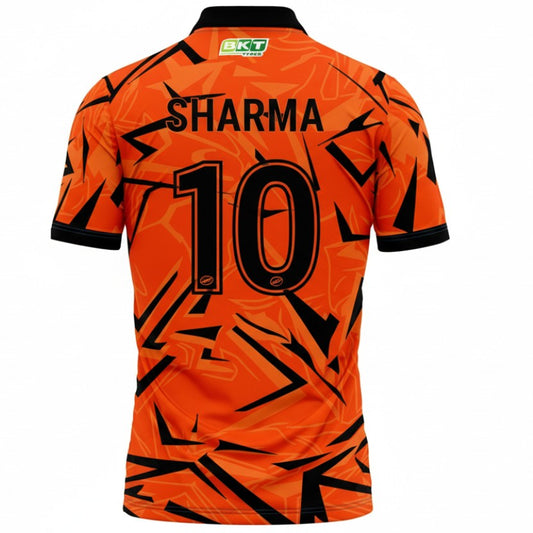Back view of NextPrint orange cricket inspired custom polo jersey featuring customizable player name and number for team orders.