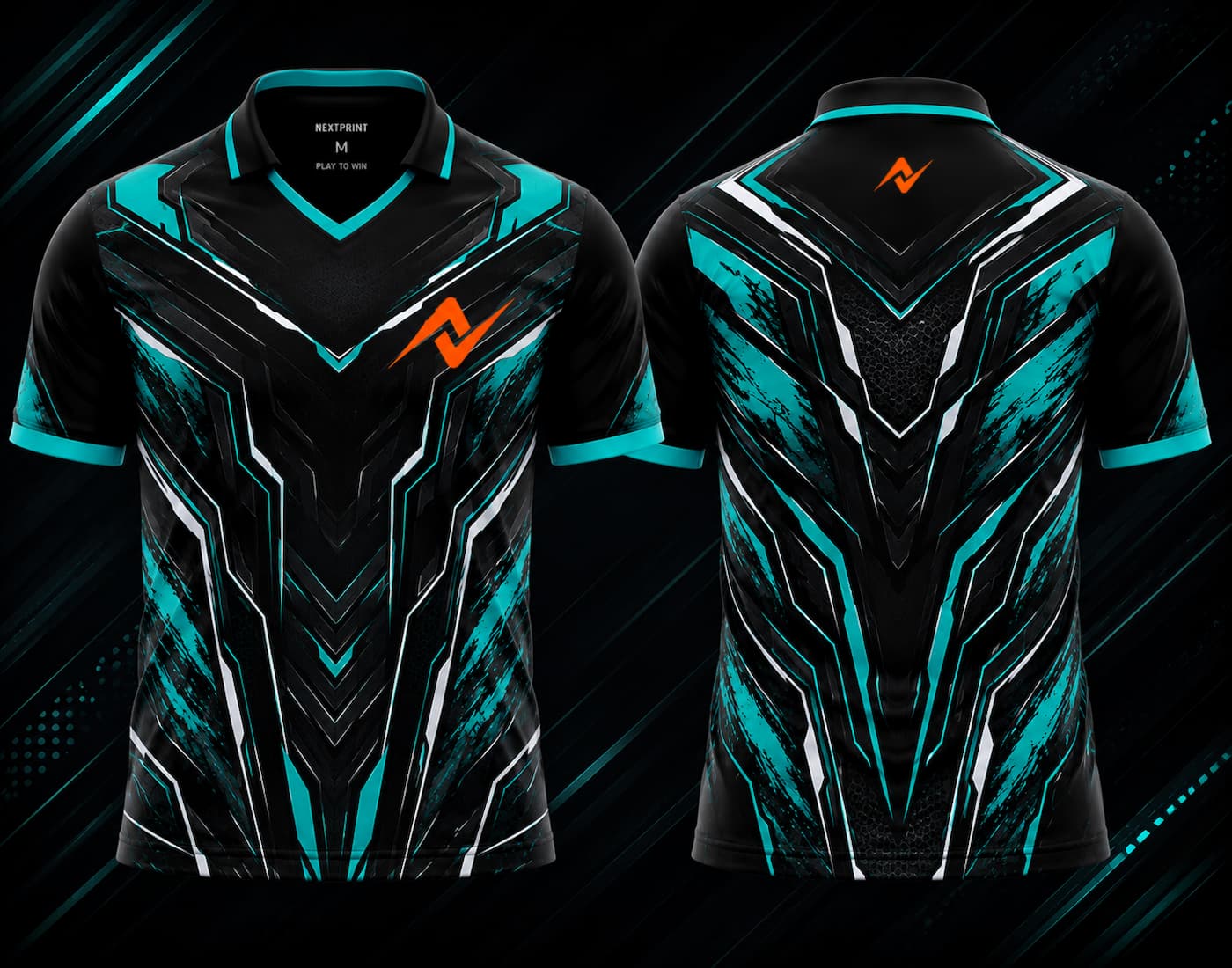 Front and back view of the NextPrint Cyber Nova esports jersey featuring black, cyan, and silver futuristic graphics with orange logo placement on the chest and upper back below the collar.