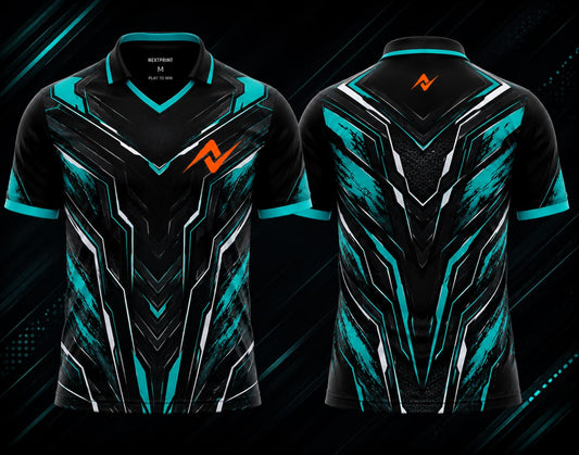 Front and back view of the NextPrint Cyber Nova esports jersey featuring black, cyan, and silver futuristic graphics with orange logo placement on the chest and upper back below the collar.