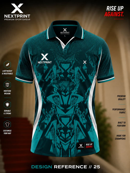 NextPrint Cyber Sentinel teal and black polo sports jersey featuring a futuristic robotic geometric design with premium dry-fit performance fabric.