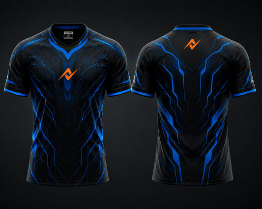 Front and back view of the NextPrint Cyber Surge black and electric blue esports jersey featuring an orange logo on the chest and upper back neck with futuristic circuit patterns.
