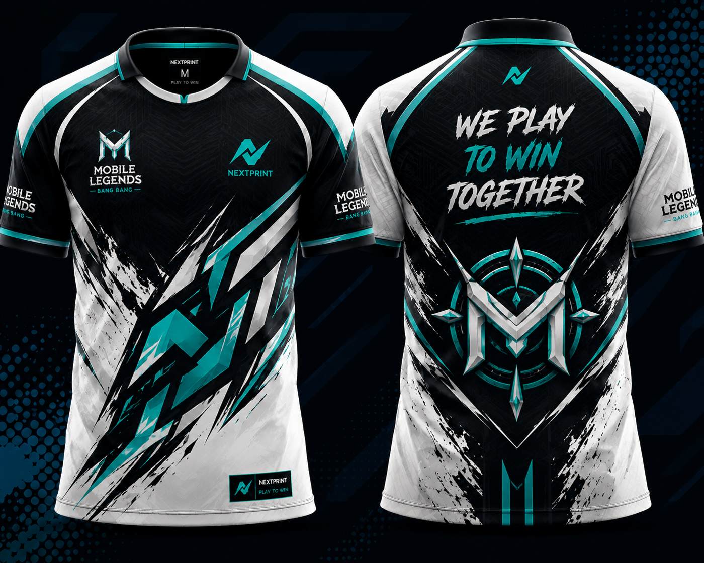 Front and back view of the NextPrint Cyber Surge Mobile Legends jersey featuring black, white, and cyan esports graphics with futuristic cyber-themed styling and premium gaming aesthetics.