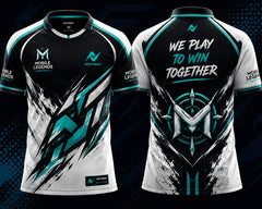 Front and back view of the NextPrint Cyber Surge Mobile Legends jersey featuring black, white, and cyan esports graphics with futuristic cyber-themed styling and premium gaming aesthetics.