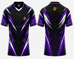 Front and back view of the NextPrint Cyber Vortex black and purple esports jersey featuring orange logo placement on the chest and upper back neck area with aggressive V-shaped graphics.
