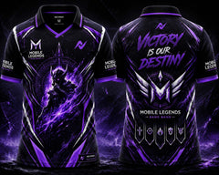 Front and back view of the NextPrint Destiny Reaper Mobile Legends jersey featuring black and purple esports graphics with futuristic warrior artwork and premium gaming styling.