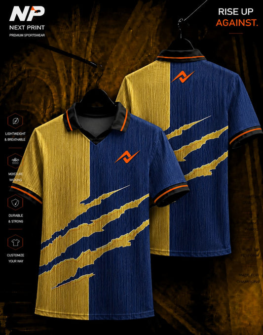 Front and back view of NextPrint dual-tone navy blue and gold claw strike sublimation polo sports jersey with premium performance fabric.