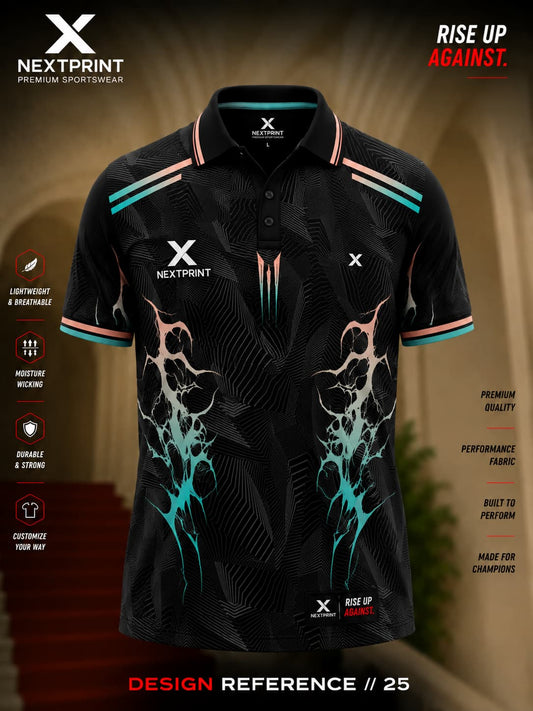NextPrint Eclipse Phantom black polo cricket jersey featuring abstract aqua energy graphics, geometric texture, and premium dry-fit performance fabric.