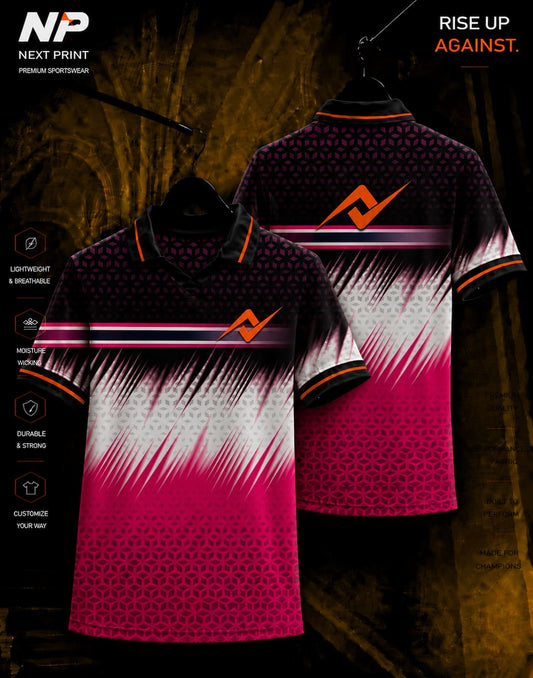 Next Print Elite Fusion Pink Geometric Polo Jersey front and back premium sublimation sports jersey with geometric pattern