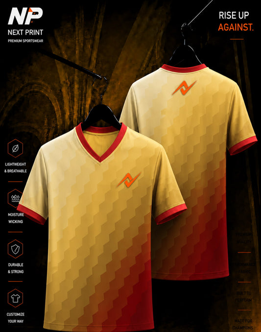 Premium gold gradient hex pattern custom sublimation sports jersey front and back mockup by NextPrint