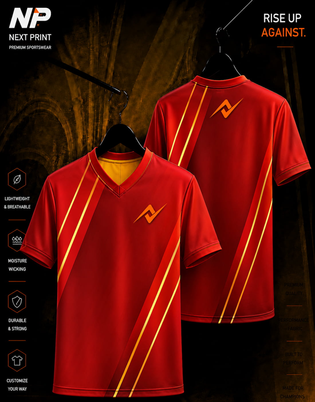 Front and back mockup of a red and gold diagonal stripe custom V-neck sublimation sports jersey by Next Print.