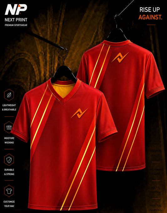 Front and back mockup of a red and gold diagonal stripe custom V-neck sublimation sports jersey by Next Print.