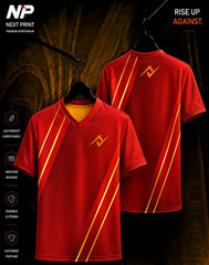 Front and back mockup of a red and gold diagonal stripe custom V-neck sublimation sports jersey by Next Print.