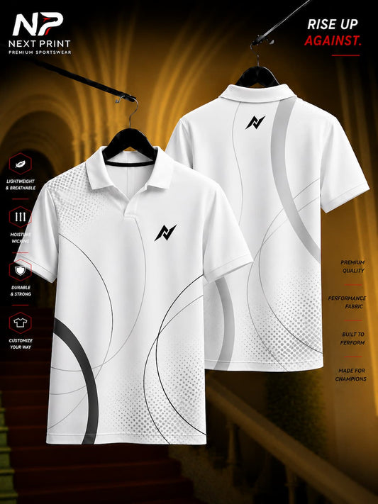 Elite white polo sports jersey with subtle grey curved graphics, V-neck polo collar, front and back view, premium dry-fit custom sportswear by Next Print.