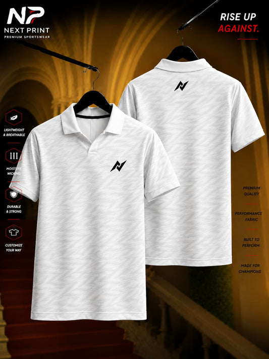 Premium white textured polo sports jersey with subtle zigzag pattern, V-neck polo collar, front and back view, custom dry-fit sportswear by Next Print.