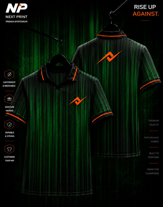 Front and back view of NextPrint emerald green pinstripe sublimation polo jersey with orange logo and premium performance sportswear design.