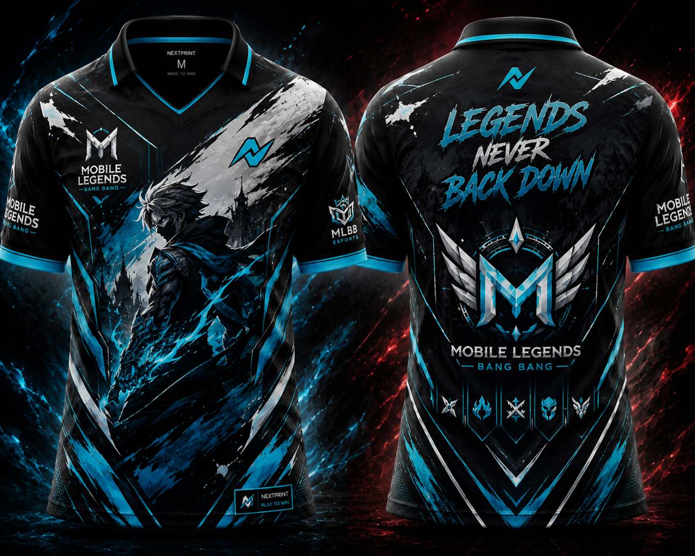 Front and back view of the NextPrint Eternal Valor Mobile Legends jersey featuring black, cyan blue, and silver esports graphics with futuristic warrior artwork and premium gaming styling.