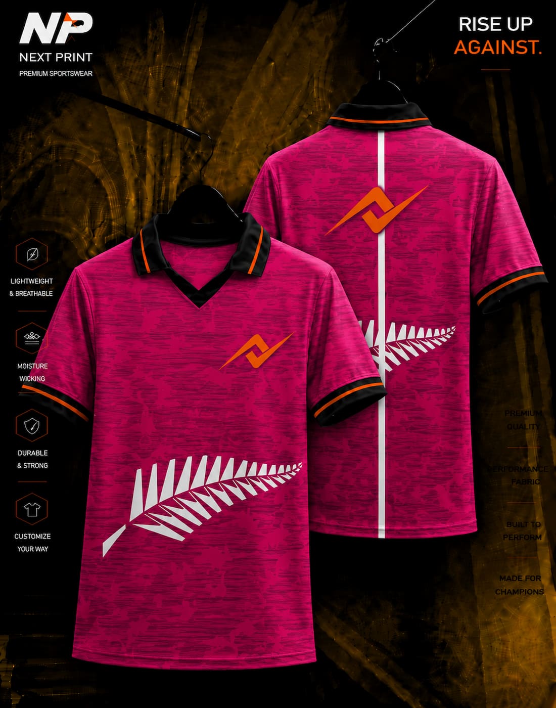 Next Print Fern Strike Pink Polo Jersey front and back premium sublimation sports jersey with fern-inspired graphic design