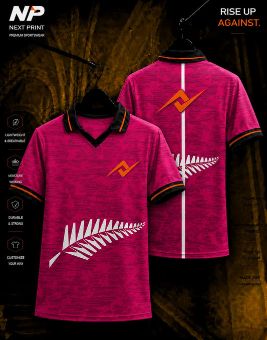 Next Print Fern Strike Pink Polo Jersey front and back premium sublimation sports jersey with fern-inspired graphic design