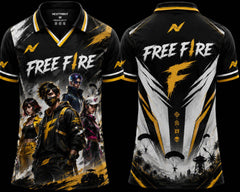 NextPrint Free Fire Legends Squad premium black and gold V-neck polo esports jersey featuring battle royale character artwork and front and back design.