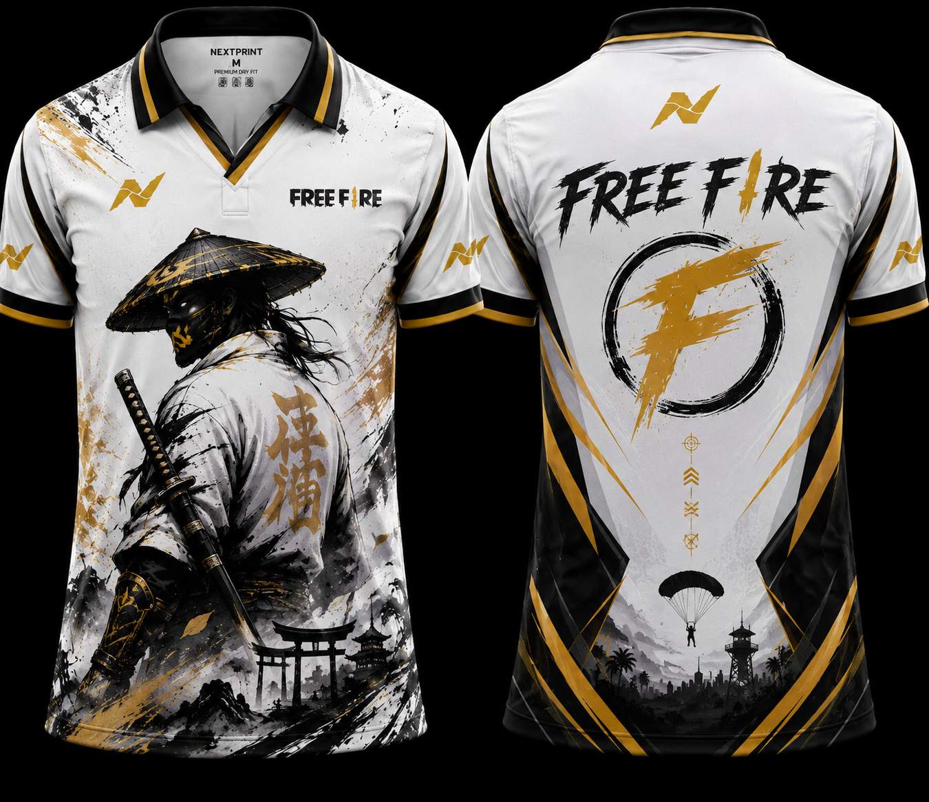 NextPrint Free Fire Samurai Warrior premium white and gold V-neck esports jersey featuring Japanese samurai artwork with front and back design.