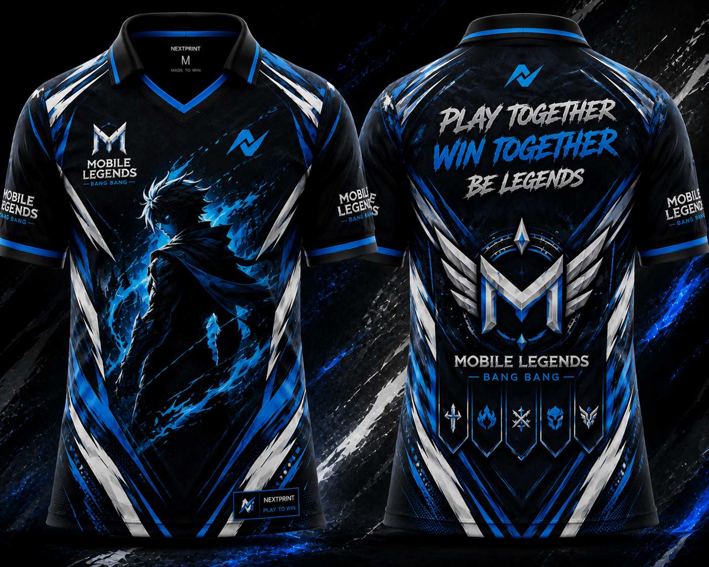 Front and back view of the NextPrint Frost Guardian Mobile Legends jersey featuring black, electric blue, and silver esports graphics with futuristic warrior artwork and premium gaming styling.