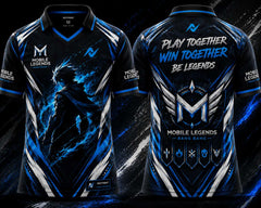 Front and back view of the NextPrint Frost Guardian Mobile Legends jersey featuring black, electric blue, and silver esports graphics with futuristic warrior artwork and premium gaming styling.