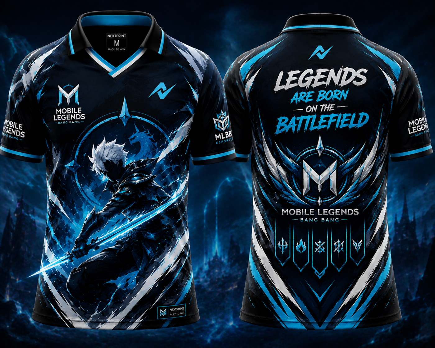 Front and back view of the NextPrint Frostblade Legends esports jersey featuring black, ice blue, and silver graphics with futuristic warrior artwork and premium gaming styling.