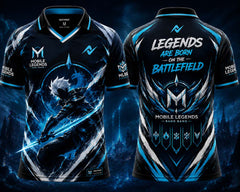 Front and back view of the NextPrint Frostblade Legends esports jersey featuring black, ice blue, and silver graphics with futuristic warrior artwork and premium gaming styling.