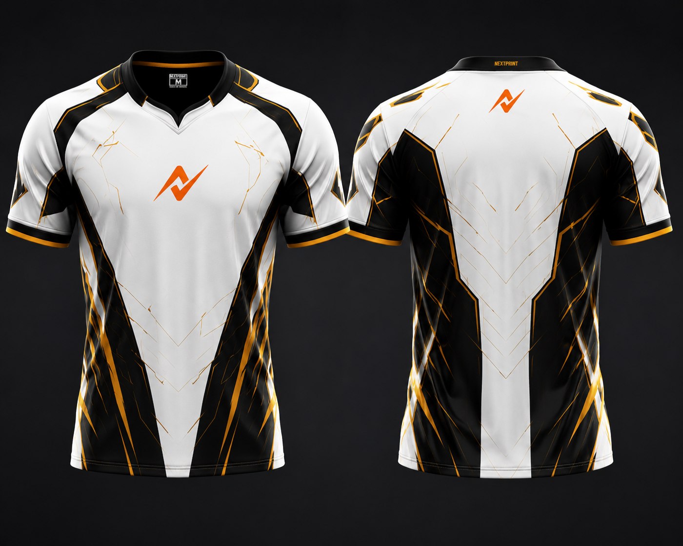 Front and back view of the NextPrint Gold Phantom white and black esports jersey featuring gold accents and the NextPrint logo on the chest and upper back neck area.