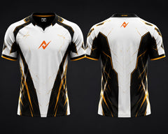 Front and back view of the NextPrint Gold Phantom white and black esports jersey featuring gold accents and the NextPrint logo on the chest and upper back neck area.