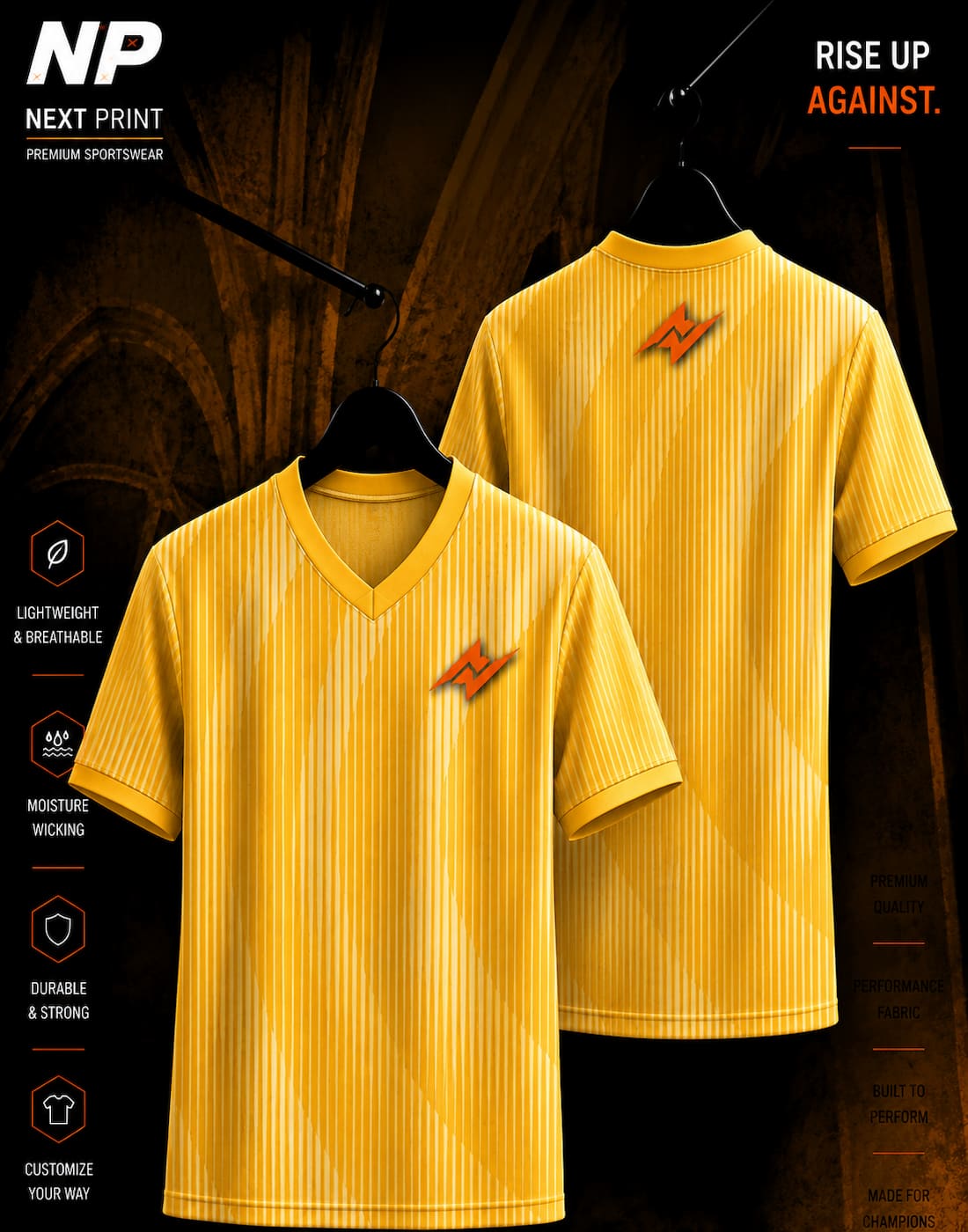 NextPrint gold striped custom sublimation sports jersey front and back mockup with premium performance fabric.