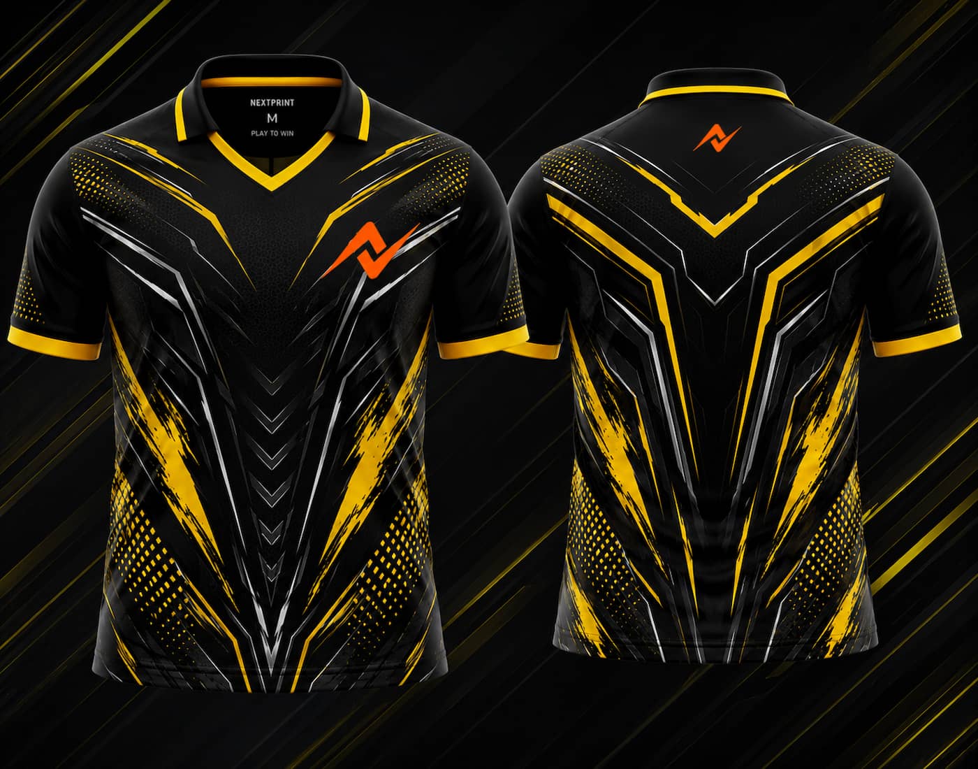 Front and back view of the NextPrint Golden Apex esports jersey featuring black, gold, and silver futuristic graphics with orange logo placement on the chest and upper back below the collar.