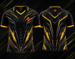 Front and back view of the NextPrint Golden Apex esports jersey featuring black, gold, and silver futuristic graphics with orange logo placement on the chest and upper back below the collar.