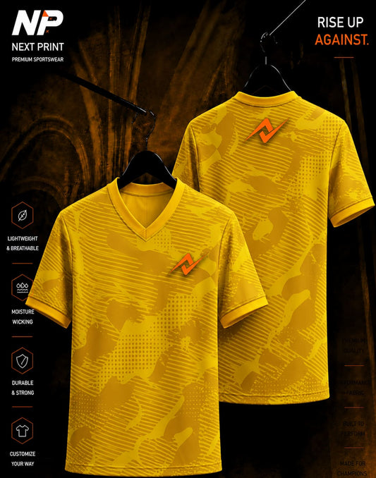 Premium golden camouflage esports jersey with modern stripe graphics and custom sublimation design by NextPrint.