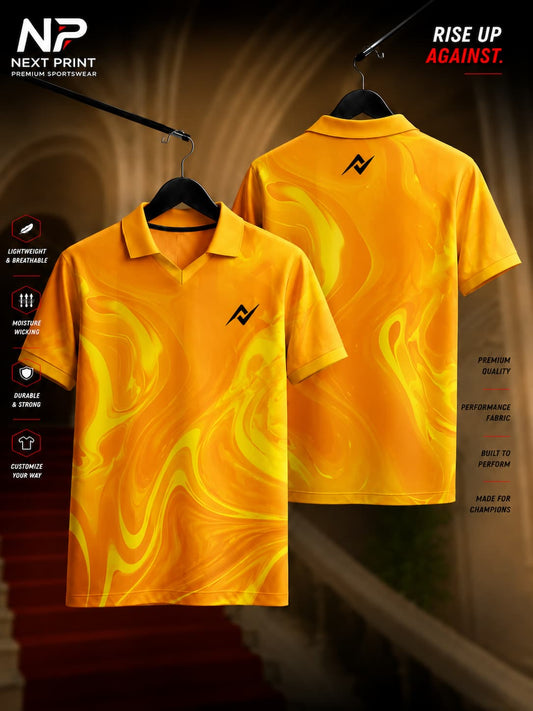 Amber yellow and golden liquid-wave dry-fit polo sports jersey with premium abstract design shown in front and back views by NextPrint.
