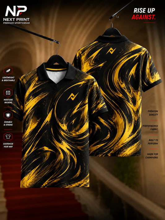 Black and gold liquid-wave abstract dry-fit polo sports jersey with front and back views, featuring a premium athletic performance design by NextPrint.