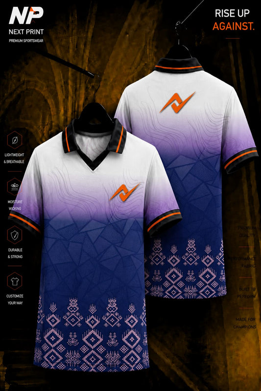 Next Print gradient heritage premium sublimation polo jersey featuring white to indigo fade, geometric textures, traditional border pattern, and custom logo shown in front and back mockup.