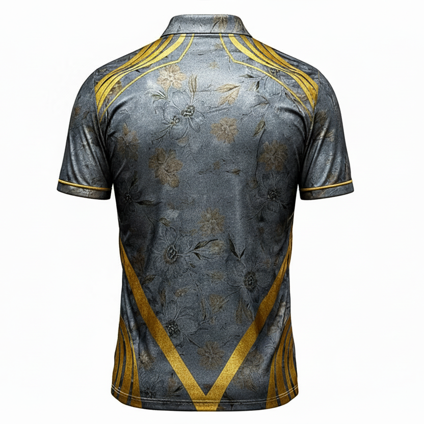 Gray polo shirt with gold accents and floral patterns on a white background