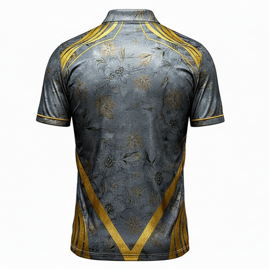 Gray polo shirt with gold accents and floral patterns on a white background