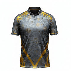 Gray and gold sports jersey with various brand logos on a white background