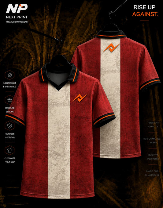 Front and back view of NextPrint Heritage Center Stripe premium red and white sublimation polo sports jersey with textured vintage finish.