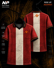 Front and back view of NextPrint Heritage Center Stripe premium red and white sublimation polo sports jersey with textured vintage finish.