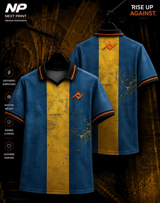 Front and back view of NextPrint Heritage Stripe blue and gold premium sublimation polo sports jersey with distressed center stripe design.