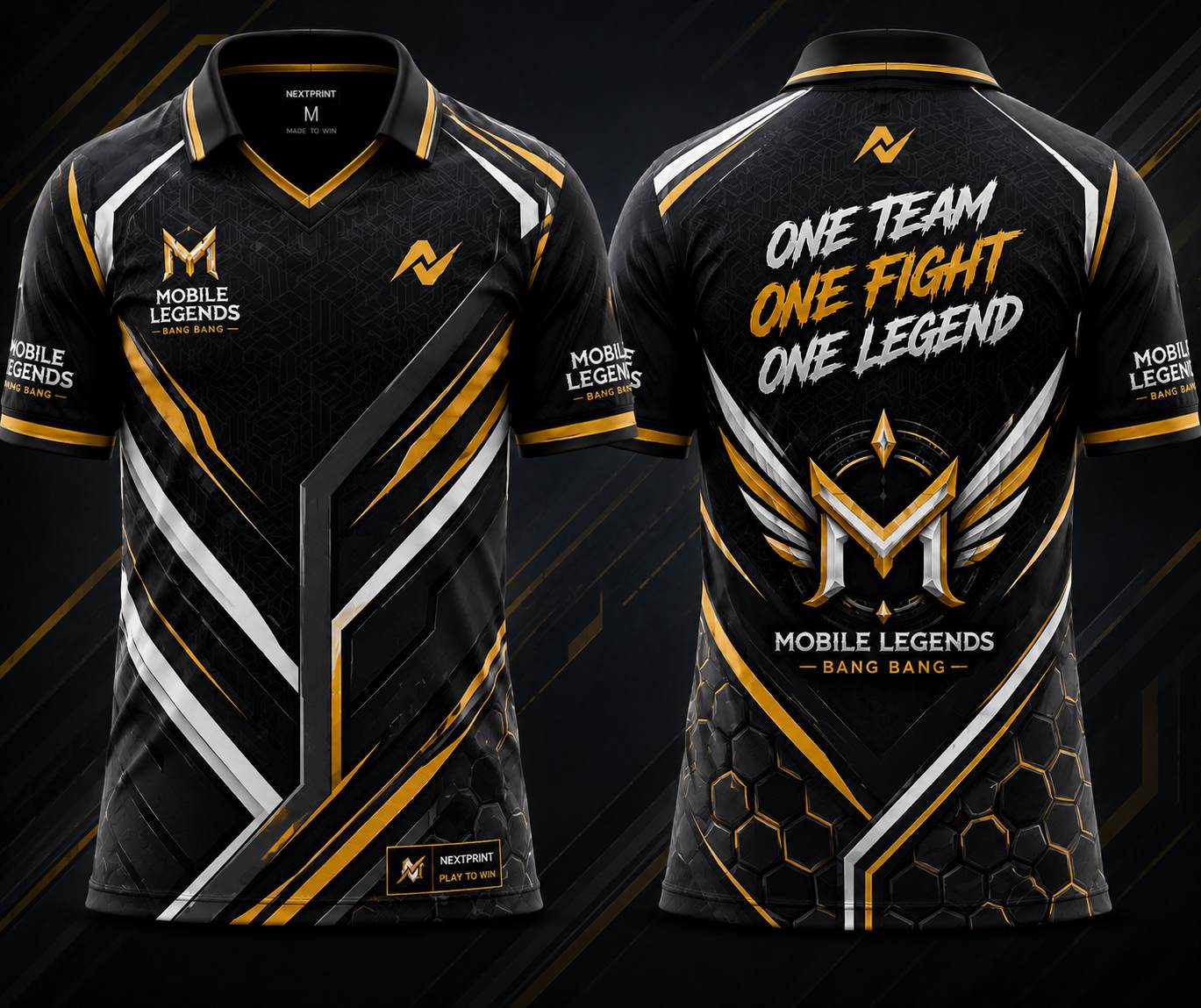 Front and back view of the NextPrint Hexa Strike Mobile Legends jersey featuring black, gold, and silver geometric esports patterns with premium V-neck polo styling.