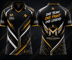 Front and back view of the NextPrint Hexa Strike Mobile Legends jersey featuring black, gold, and silver geometric esports patterns with premium V-neck polo styling.