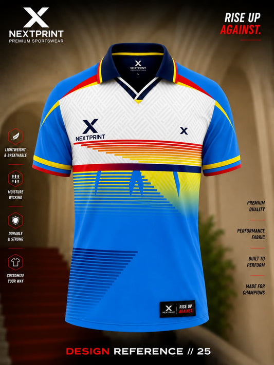 Sky blue, white and yellow sublimation polo cricket jersey with modern gradient stripe design by NextPrint Sportswear.