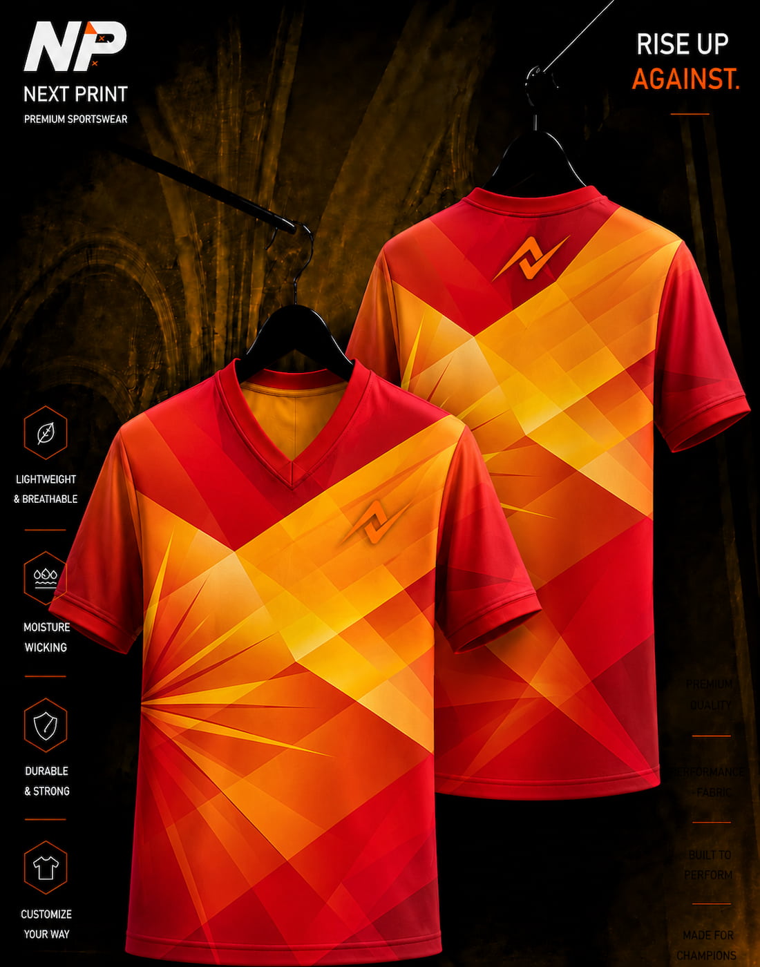 Front and back view of NextPrint Ignite Prism Red and Gold geometric esports jersey with premium sublimation print.